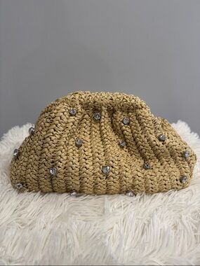 Crystal-Embellished Straw Clutch in Natural Straw